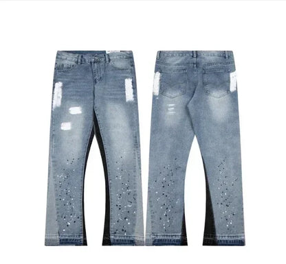 European and American high street men's washed jeans retro personalized straight-leg splicing flared pants trendy denim trousers