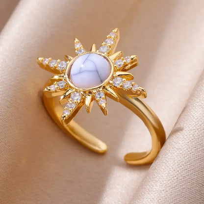 Zircon Opal Sun Rings For Women Stainless Steel Gold Plated Sun Ring Aesthetic Wedding Party Jewelry Gift Accessories BFF 2024