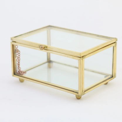 Retro Rectangle Transparent Golden Glass Ring Box Wedding Geometric Jewelry Organizer Home Decorative Box for Storage Trinket