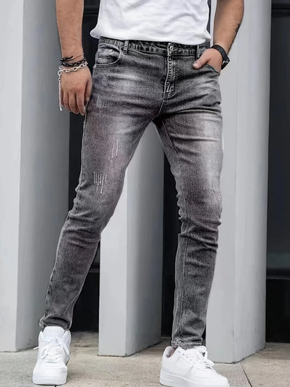2025 New Men's Slim-Fit Snowflake Washed Jeans Four Seasons Stretch Denim Machine Washable Mid Stretch Casual Pants