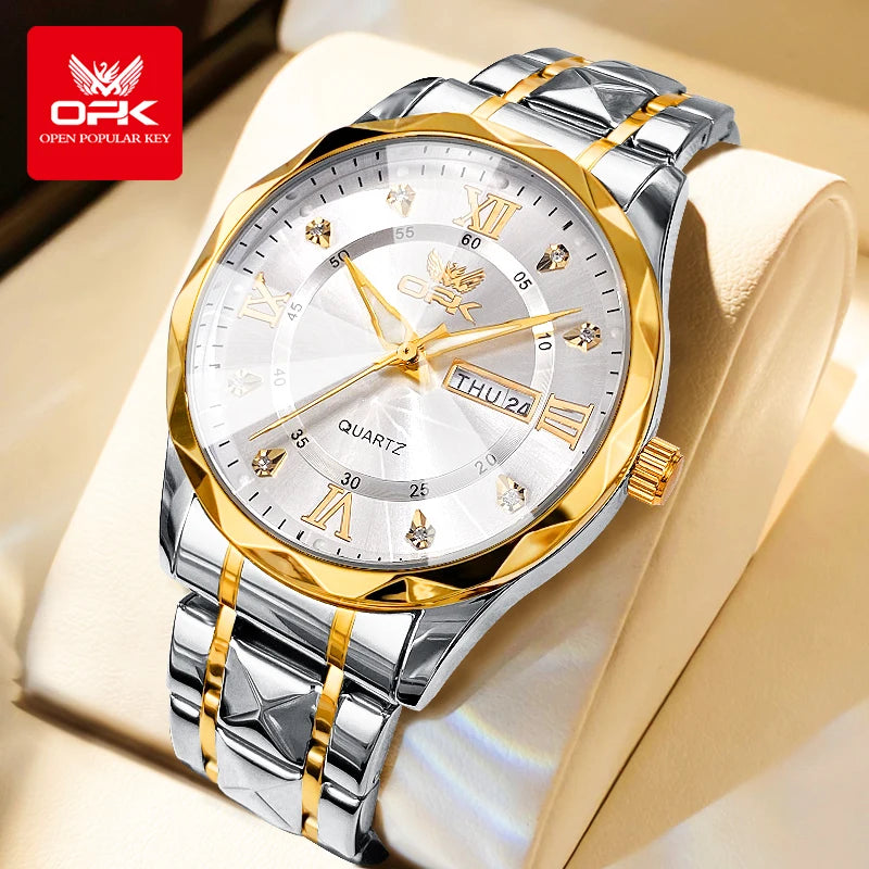 OPK Brand men's steel strap quartz watch dual calendar waterproof night light 6023