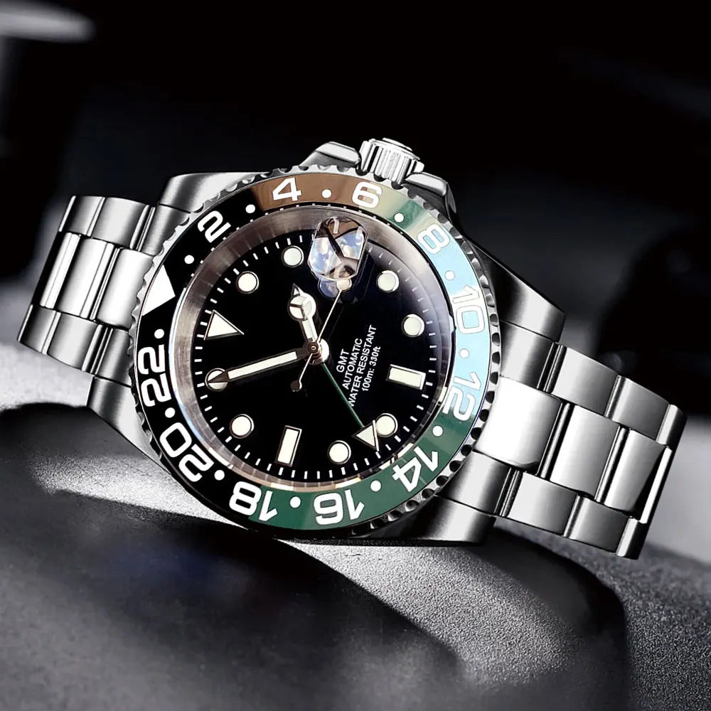 200m Waterproof NH34A Automatic Mechanical Diver Watch for Men GMT Movement Luminous Jubilee Strap Dual Time Glide Lock Buckle