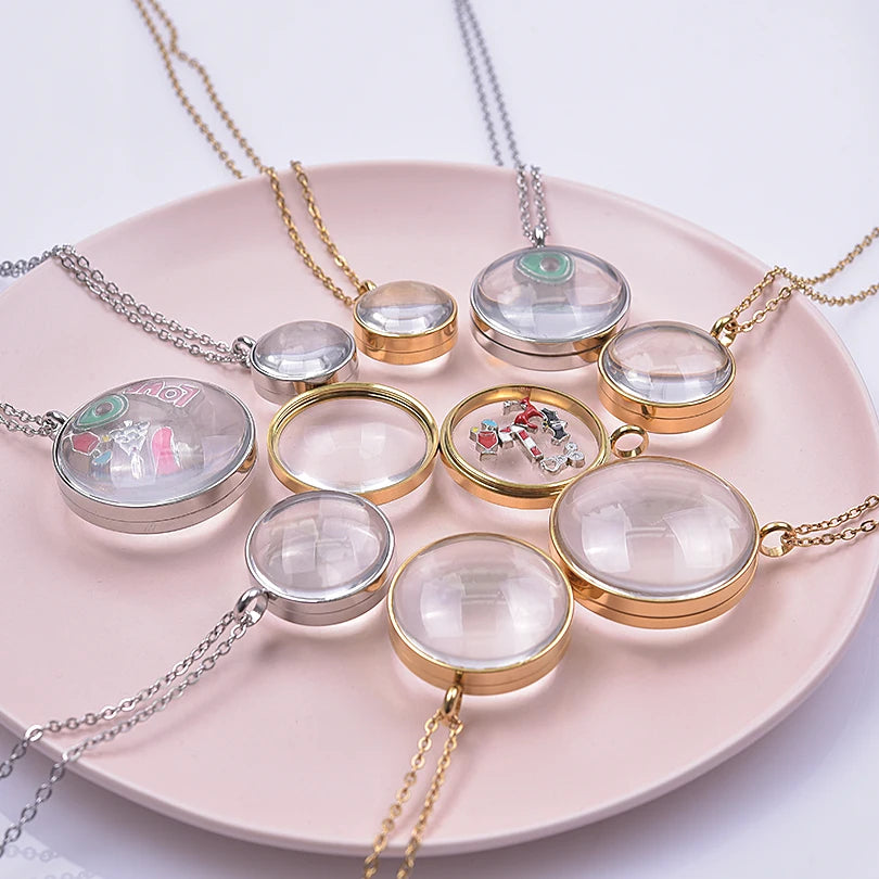 New Mix Size Round Living Memory Photo Locket Pendant Necklace Biconvex Glass Twist Stainless Steel Necklaces For Women Men Gift