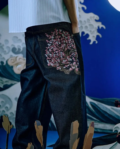 Y2K jeans Harajuku Gothic vintage plum blossom embroidery pattern wide leg pants Streetwear Casual Hiphop vintage American jeans