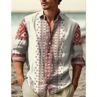 2025 Men's New Linen 3D Printed Long Sleeve Shirt Fashion Design Luxury Long Sleeve Shirt Four Seasons Lapel Button Shirt