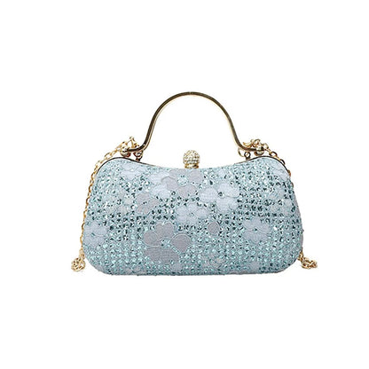 Elegant Luxury Evening Banquet Bag Shiny Flower Ladies Clutch Bag Rhinestone Metal Top Handle Chain Crossbody Bag Party