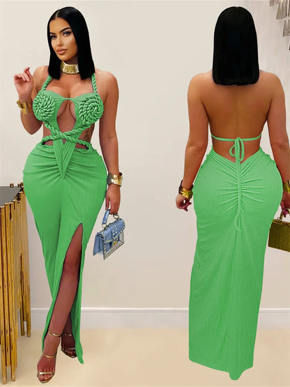 kliou Sexy Knitted Women Maxi Dress Hipster Coquette Halter Lace Up Backless Split Sheath Vestidos Mujer Nightout Party Frock