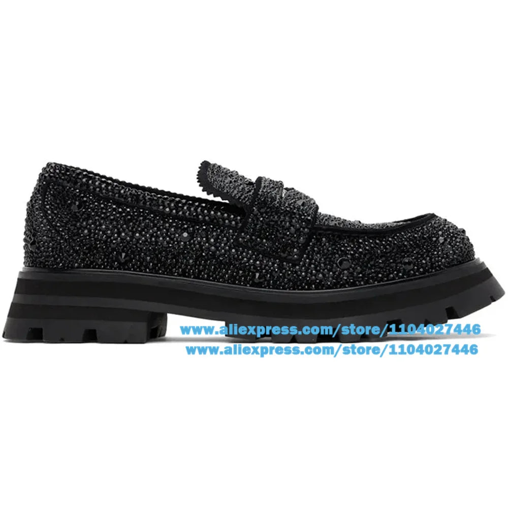 Black Rhinestone Men's Shoes Stylish Slip On Loafers Men Casual Shoes Wear-Resistant Trendy Luxury Handmade Shoe Men's Shoes