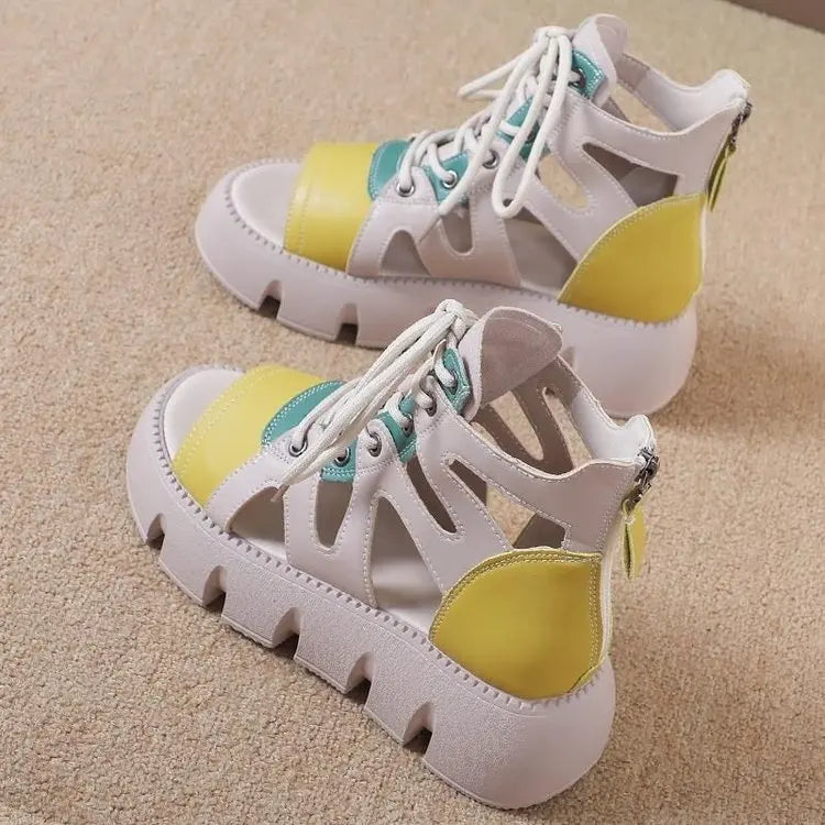 2025 New Women's Chunky Platform Gladiator Sandals - Breathable Color Block Strappy Summer Shoes