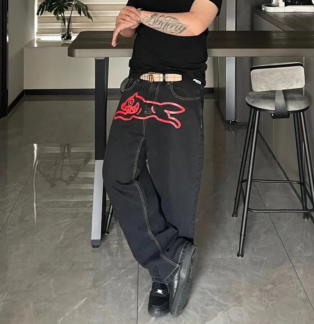 High Quality American Trendy Brand Jeans Icecream Running Dog Emboridery Wide Jeans Fashion Streetwear Denim Jeans Men