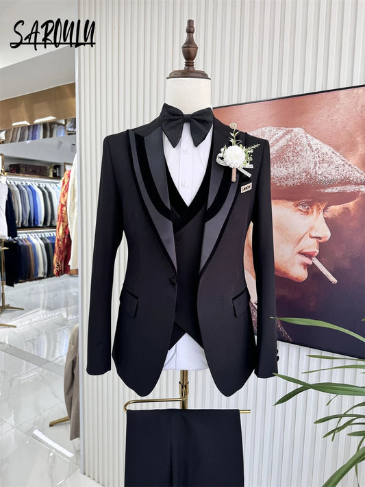 In Stock Smooth Groom Wear Elegant Single Breasted Men Suit 3-pieces Classy Formal Peak Lapel Customized Set Four Seasons