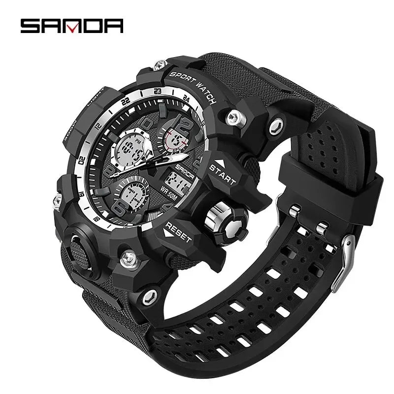 SANDA 6021 Sport Watch for Men Waterproof LED Dual Display Quartz Wristwatch Mens Digital Clock Military Stopwatch Reloj Hombre