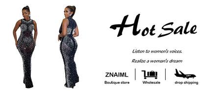 Znaiml Luxury Sparkly Crystal Rhinestone Christmas Evening Bodycon Long Dress Women's Mesh See Through Birthday Night Vestidos