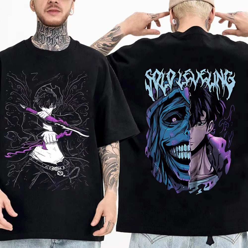 Japanese Anime Solo Leveling Kid T Shirt Sung Jinwoo Cartoon Tees Harajuku Women Short Sleeve High Quality Men Cotton Tshirt