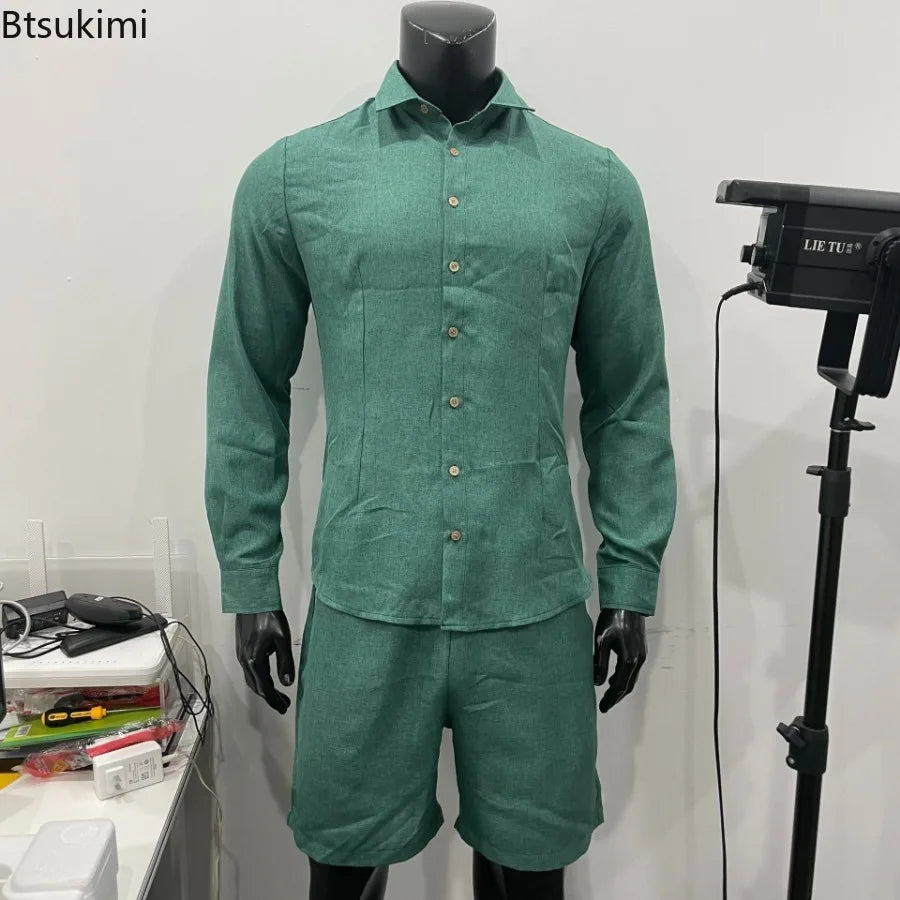 2025 Fashion Streetwear Men's Summer Comfy Cotton Linen Casual Suit Long-sleeved Shirt and Shorts Two-pieces Men Vacation Outfit