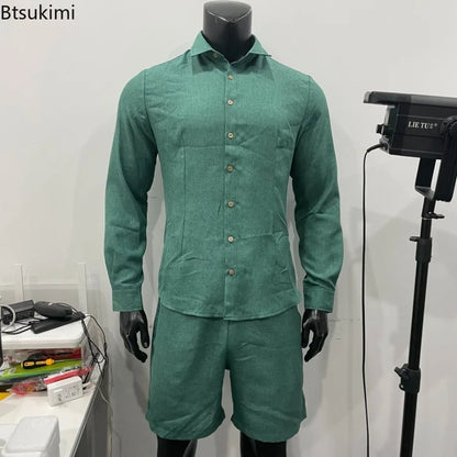 2025 Fashion Streetwear Men's Summer Comfy Cotton Linen Casual Suit Long-sleeved Shirt and Shorts Two-pieces Men Vacation Outfit