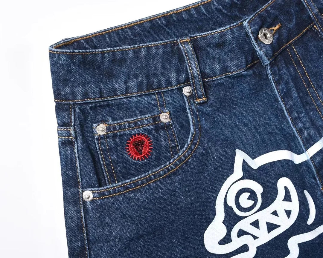 Top quality Icecream Jeans Men Trendy Elastic Edged Middle Pants Running Dog Embroidery Washed Denim Shorts Brands Pants