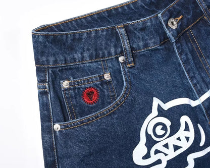 Top quality Icecream Jeans Men Trendy Elastic Edged Middle Pants Running Dog Embroidery Washed Denim Shorts Brands Pants