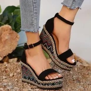 Summer New European and American Fashion Simple Ethnic Style Slope Heel Sandals with One Button High Heel Women's Shoes 2025