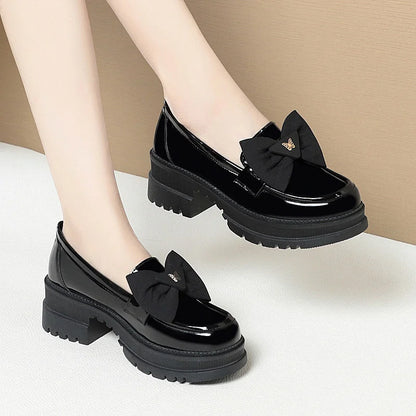 Spring Women British Style Shallow Patent Leather Black Loafers Thick Bottom Bow Platform Shoes 2024 Med Heels Single Pumps