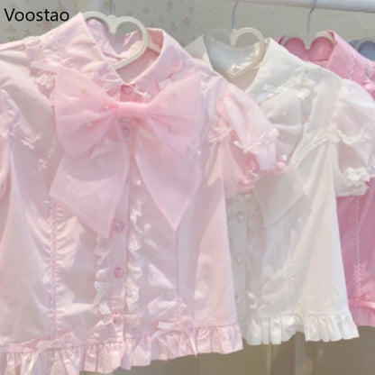 Japanese Vintage Elegant Lolita Shirt Women Classical Sweet Long Sleeve Ruffles Bow Casual Blouses Tops Victorian Gothic Blusas