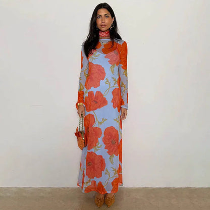 Blifanbo Print Flower Elegant Maxi Dress Women O Neck Fashion Long Sleeve Slim Sexy Print Patchwork Female Holiday Long Dress