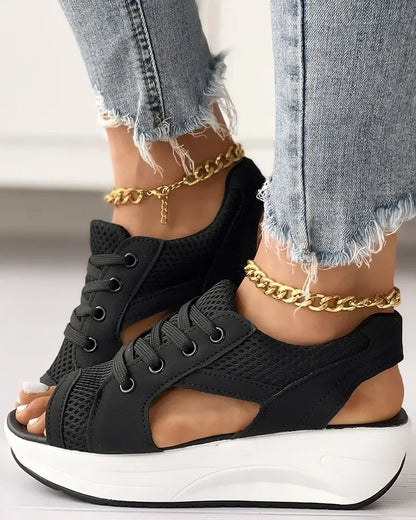 Summer Women Sandales  Shoes Casual Flat Peep Toe Contrast Paneled Cutout Lace-up Muffin Sandals Platform Sport Sneakers