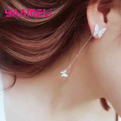 Solid 925 Silver Earring Cute Full Rhinestone Cubic Zircon Inlay Paved Butterfly Thread Pendientes Jewelry for Female Femme Gift