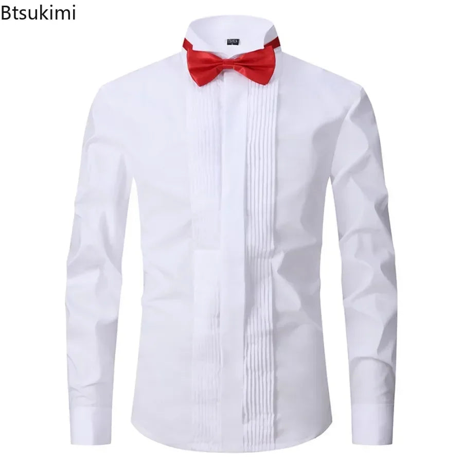 2025 Men's Tuxedo Long Sleeve Dress Shirts French Cufflinks Swallowtail Fold Design Party Prom Host Formal Shirt Gentleman Tops