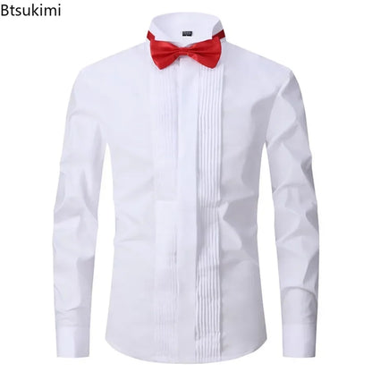2025 Men's Tuxedo Long Sleeve Dress Shirts French Cufflinks Swallowtail Fold Design Party Prom Host Formal Shirt Gentleman Tops