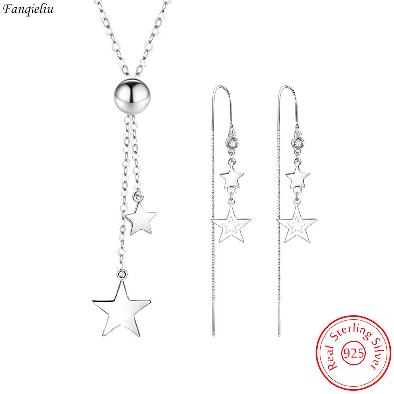 Real 925 Sterling Silver Star Pendant Necklace Crystal Long Chain Drop Earrings Jewelry Sets For Women Trendy FQL23064