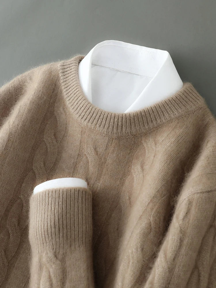 ANGEL Men's O-Neck Sweater Autumn Winter 100% Mink Cashmere Cable Knit Smart Casual Pullover Cashmere Knitwear High Quality Top