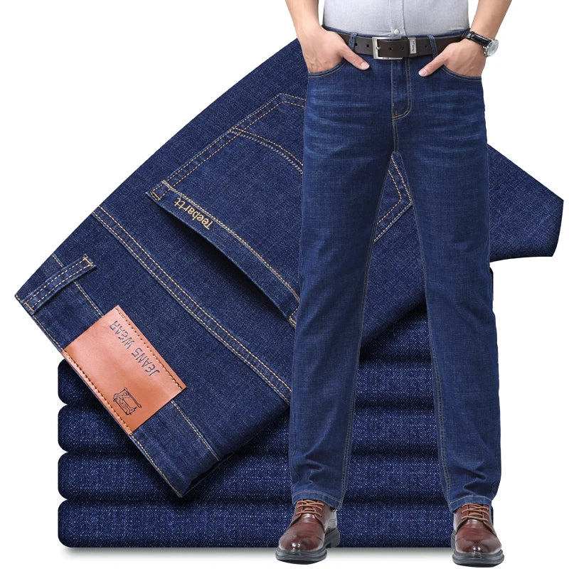 Men's new business casual jeans, comfortable, slightly elastic, mid high waist, classic blue jeans