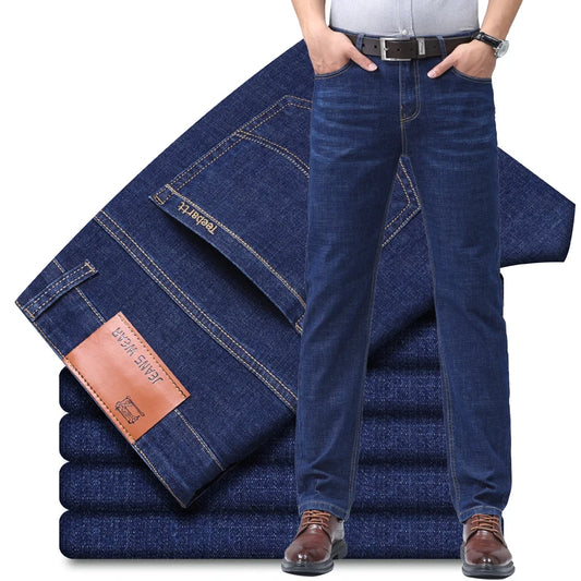 Men's new business casual jeans, comfortable, slightly elastic, mid high waist, classic blue jeans