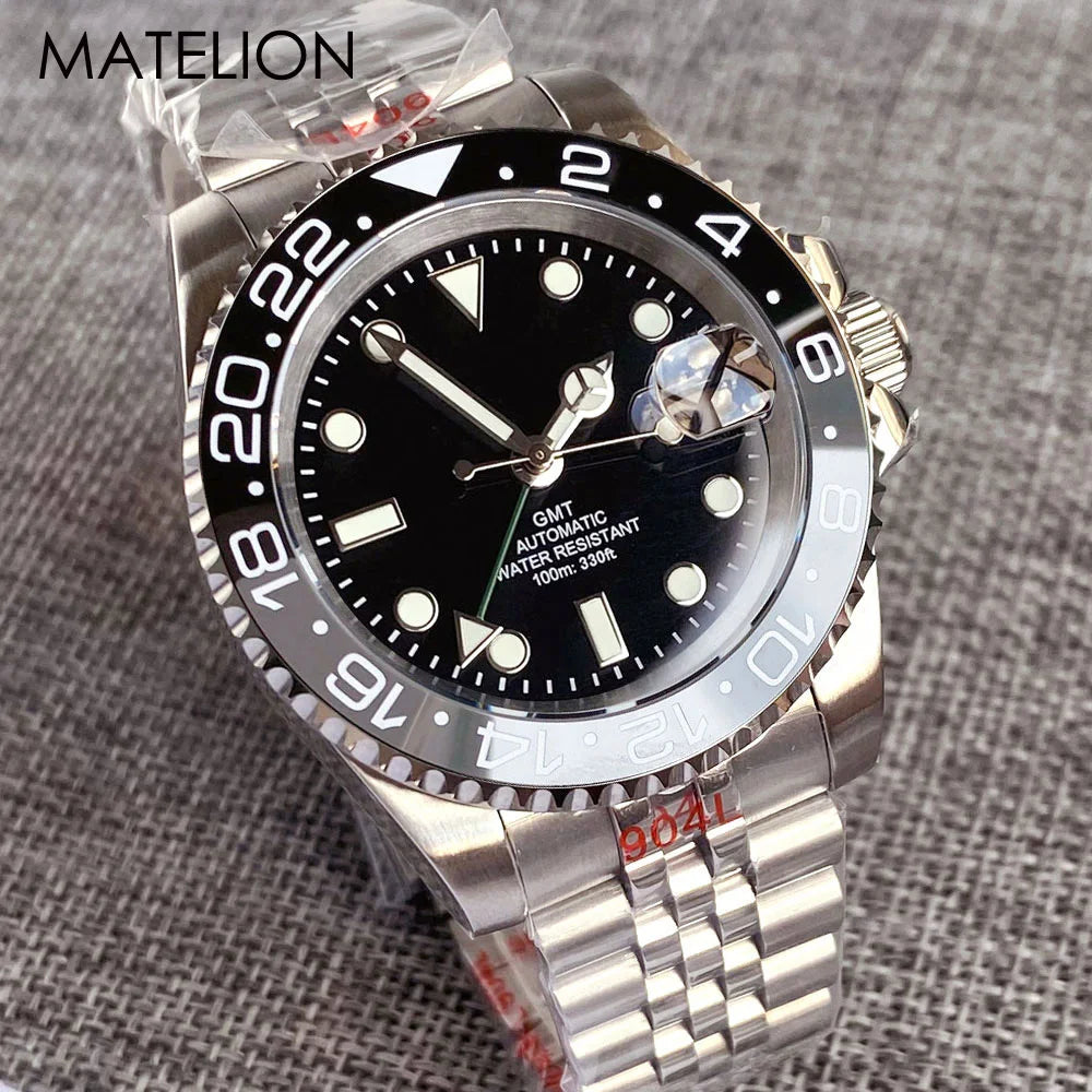 200m Waterproof NH34A Automatic Mechanical Diver Watch for Men GMT Movement Luminous Jubilee Strap Dual Time Glide Lock Buckle