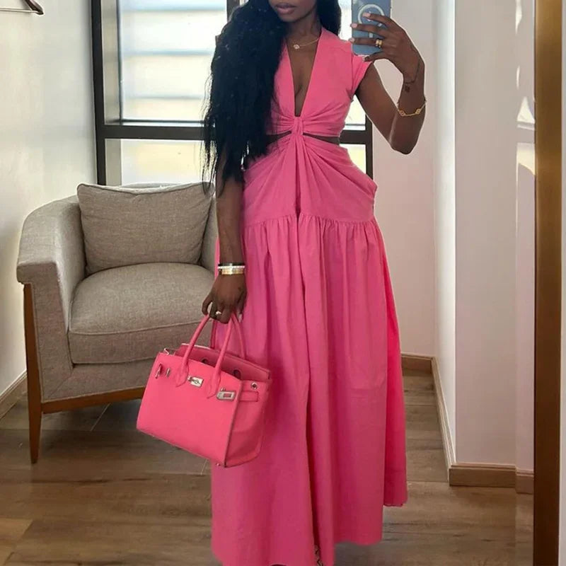 Simple Solid Color Hollow Waist Pleated Dress Elegant Lady Deep V-neck Loose Long Dress Summer Sleeveless Commuting A-line Dress