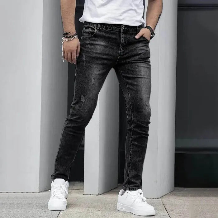 2025 New Men's Slim-Fit Snowflake Washed Jeans Four Seasons Stretch Denim Machine Washable Mid Stretch Casual Pants