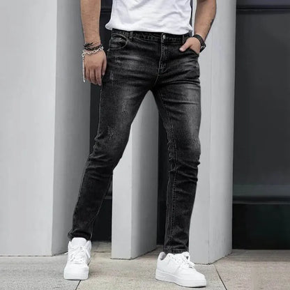 2025 New Men's Slim-Fit Snowflake Washed Jeans Four Seasons Stretch Denim Machine Washable Mid Stretch Casual Pants