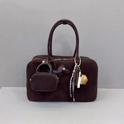 Autumn Winter Retro Suede Cowskin Tote Handbag Women Large Capacity Genuine Leather Armpit Bags Office Lady Single Shoulder Bag