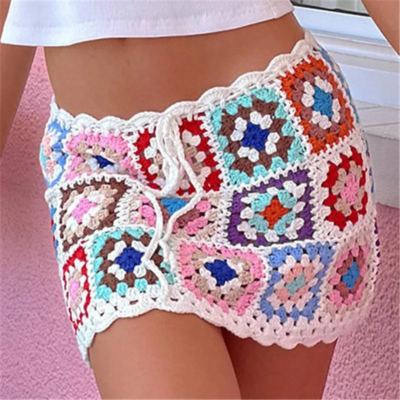 Women Floral Crochet Cover Up Mini Skirt Hollow Out Knit Bikini Swimsuit Coverups Skirt Summer Vacation Beach Skirts