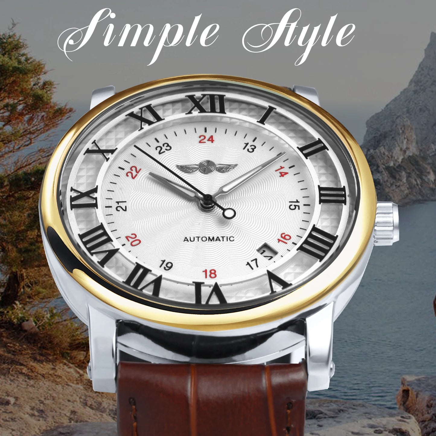 WINNER Automatic Watches Men Brand Luxury Simple Mechanical White Dial Leather Strap Calendar Clock Minimalist Wristwatches