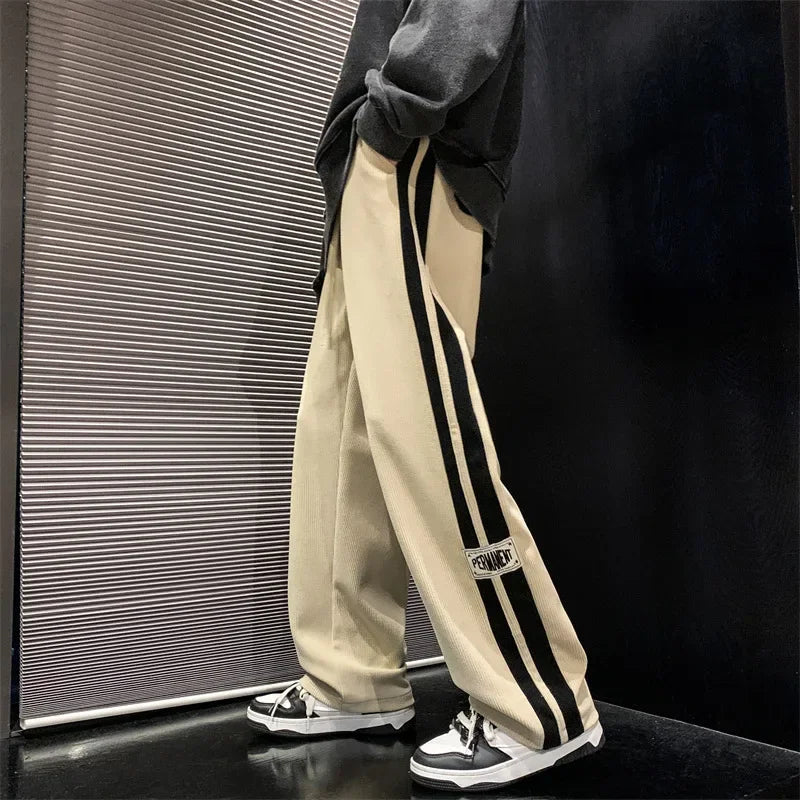 Spring Autumn Men's Corduroy Pants American Style Loose Fit Casual Striped Letter Straight Leg Couple Bell Bottoms Trendy New Mo