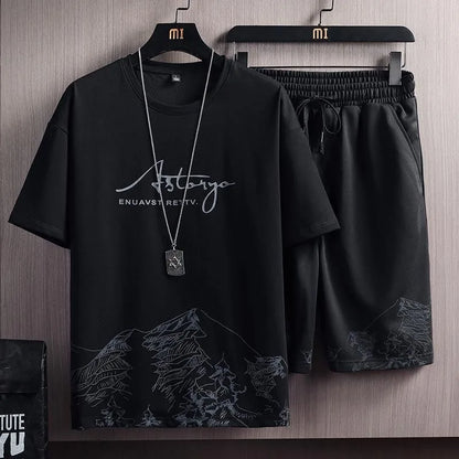 Summer New Fashion Trend Printed Short Sleeve Shorts Set Men's Casual Loose Sports Breathable High Quality Two-Piece Set M-5XL