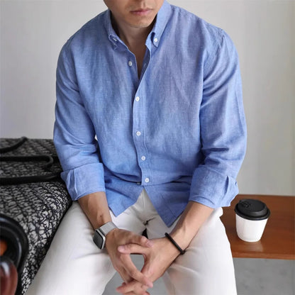 Mens American Cotton Linen Work Shirt Slim Fit Breathable Long Sleeve Business Casual Shirt Linen Sun Protection Shirt