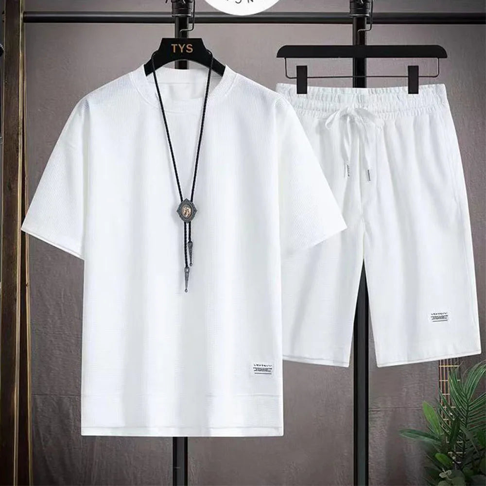 Men's Two Piece Set Linen Fabric Casual T-Shirt And Shorts Set Mens Sports Suit Summer Fashion Short Sleeve Tracksuit Men Suits