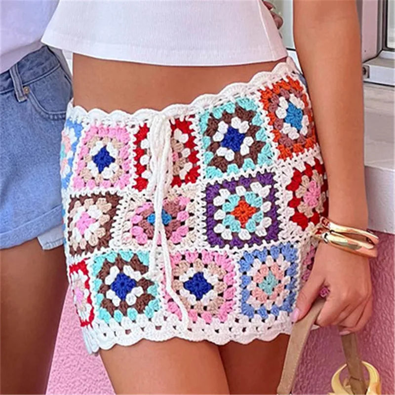 Women Floral Crochet Cover Up Mini Skirt Hollow Out Knit Bikini Swimsuit Coverups Skirt Summer Vacation Beach Skirts
