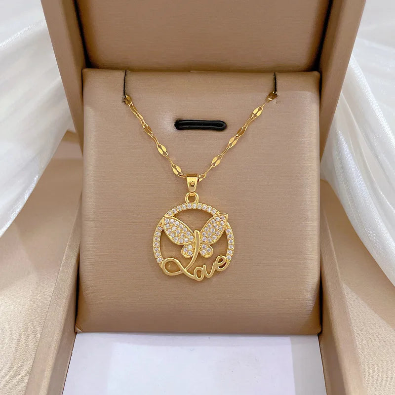 DIEYURO 316L Stainless Steel Butterfly Love Letter Pendant Necklace For Women Girl New Trend Clavicle Chain Jewelry Lady Gift