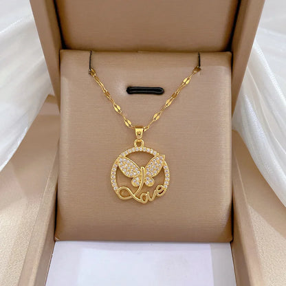 DIEYURO 316L Stainless Steel Butterfly Love Letter Pendant Necklace For Women Girl New Trend Clavicle Chain Jewelry Lady Gift