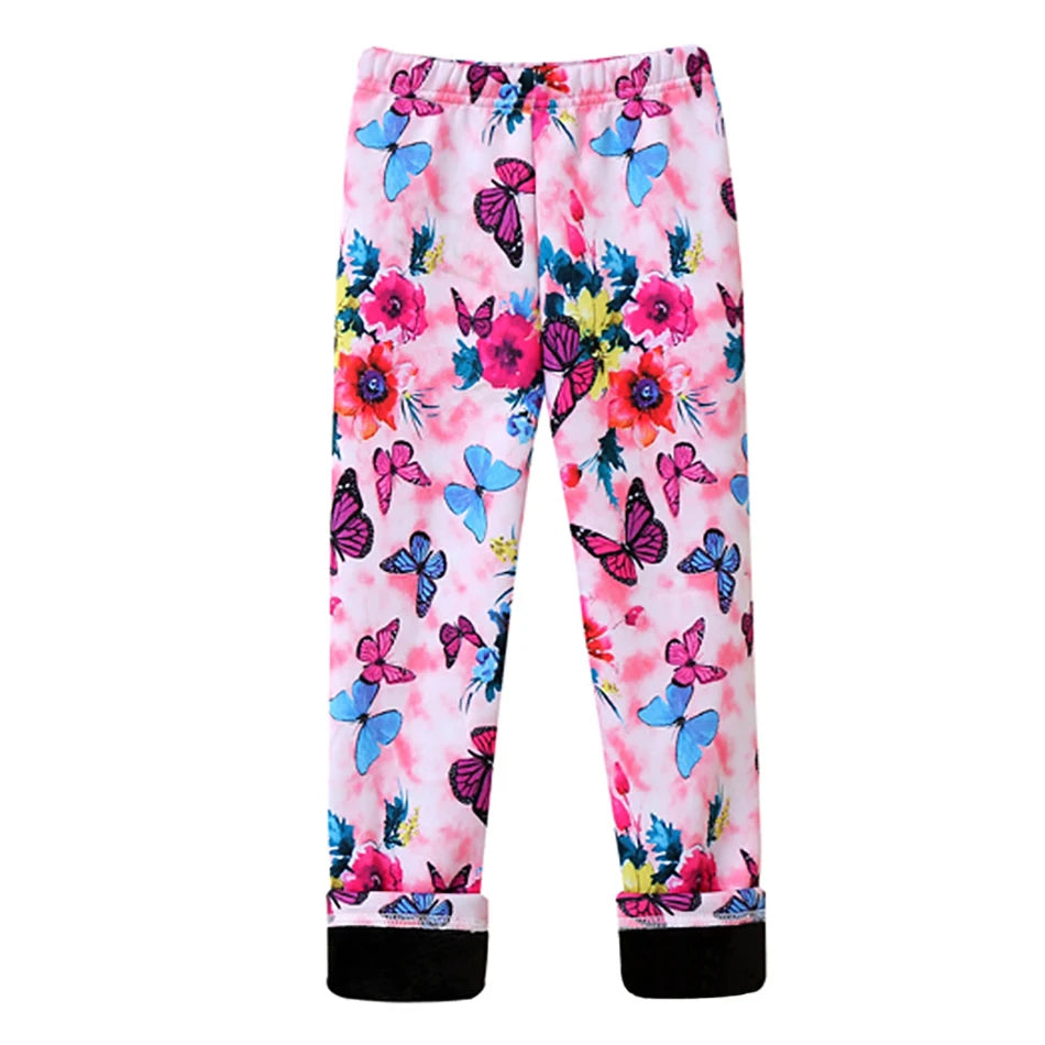 Girls Warm Plush Long Pants for Autumn Spring Cartoon Butterfly Striped Soft Cozy Leggings Fleece-Lined Bottoms Kids Casual Wear