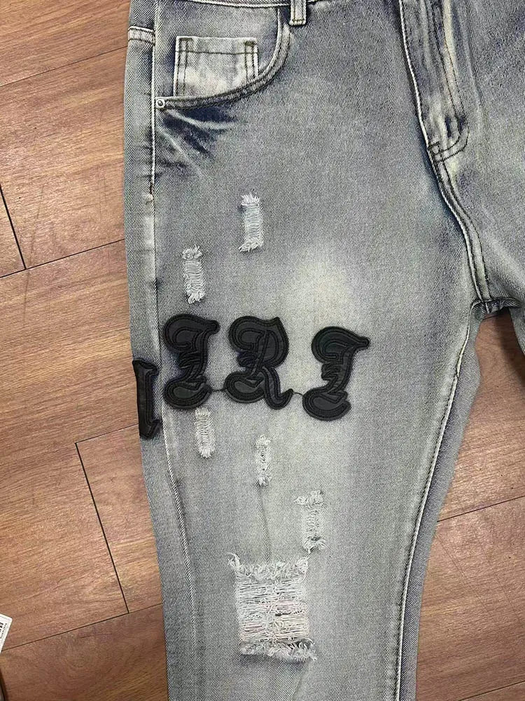 Mens Fashion Embroidery Casual Straight Hole Buckle Zipper Denim Long Pants Trousers Fashion Street Style Ripped Skinny Jeans